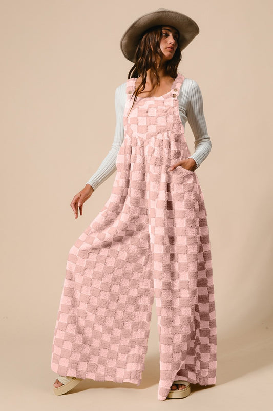 Cozy Checkered Sherpa Overalls - Dusty Pink