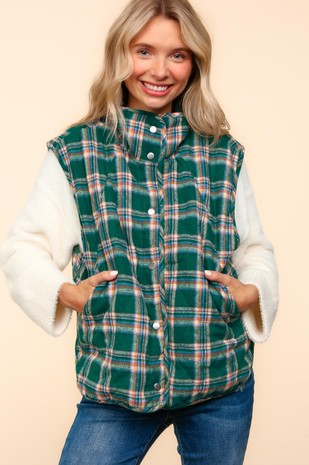 Hunter Green Plaid Puffer Vest