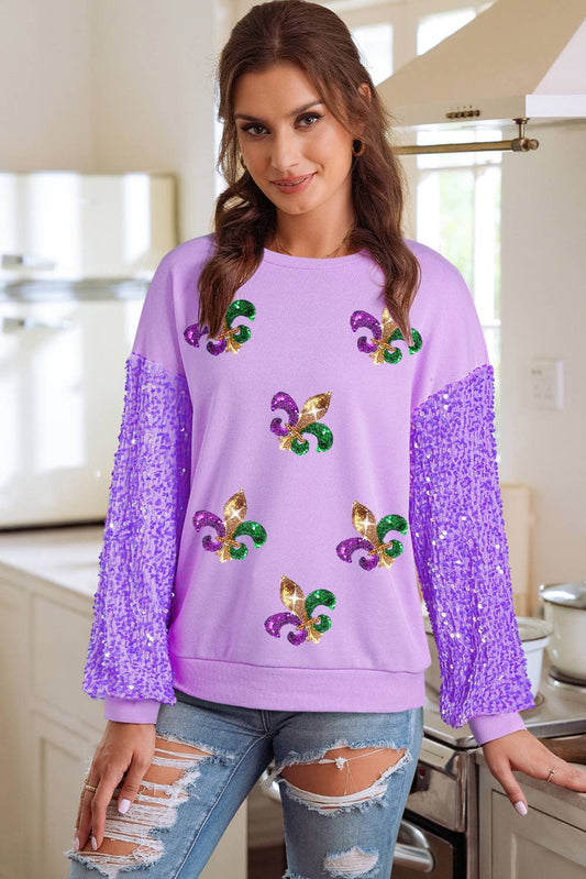 Sequin Patchwork Long Sleeve Fleur de Lis Patched Top